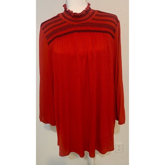 Lane Bryant Women Size 18-20 Red Smocked Blouse Ruffle Mock Neck Collar Timeless - Picture 1 of 9